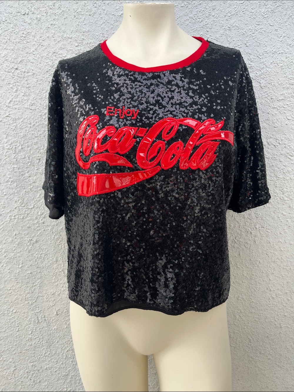 Vinegar Coca Cola Black Sequin Crop Top with Red Logo